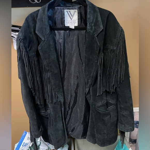 Venezia Vitale Fringe Black Leather Suede Jacket Women's Size 18/20 - Picture 1 of 8